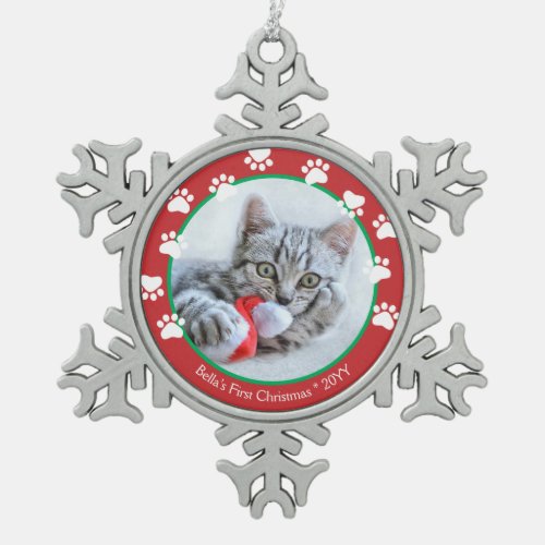 Cute Pet Cat Red Pawprints First Christmas Snowflake Pewter Christmas Ornament