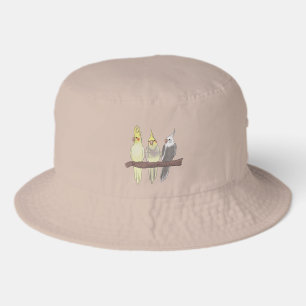 Cute Pet Cockatiels Flock on Perch Bird Lover Bucket Hat