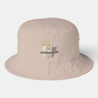 Cute Pet Cockatiels Flock on Perch Bird Lover Bucket Hat