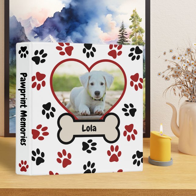 Cute Pet Dog Photo Heart Red & Black Paws Pattern 3 Ring Binder (Creator Uploaded)