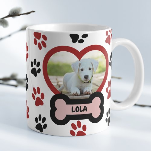 Cute Pet Dog Photo Heart Red  Black Paws Pattern Coffee Mug