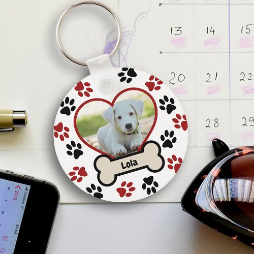 Cute Pet Dog Photo Heart Red  Black Paws Pattern Keychain