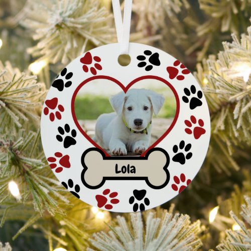 Cute Pet Dog Photo Heart Red  Black Paws Pattern Metal Ornament