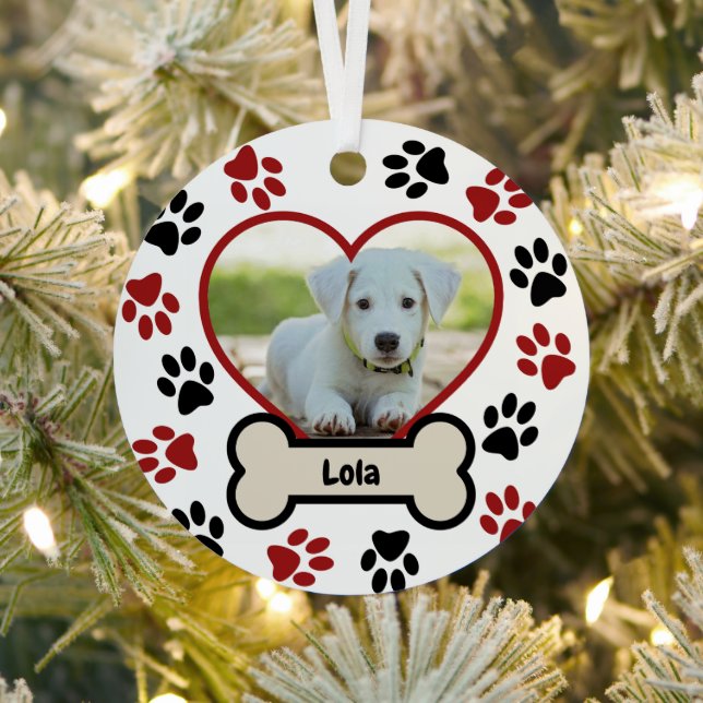 Cute Pet Dog Photo Heart Red & Black Paws Pattern Metal Ornament (Insitu)