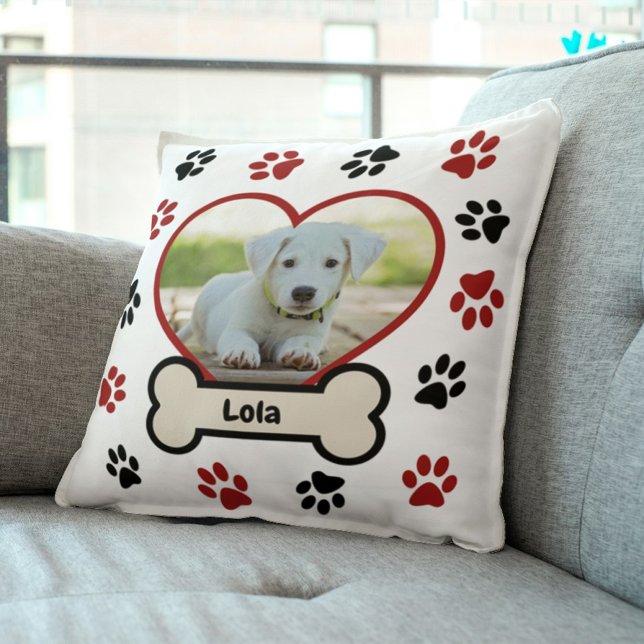 Cute Pet Dog Photo Heart Red & Black Paws Pattern Throw Pillow (Creator Uploaded)