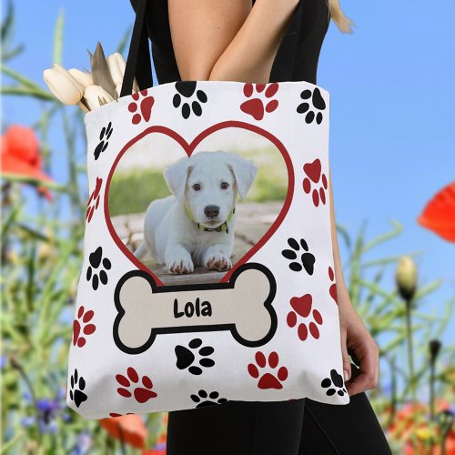 Cute Pet Dog Photo Heart Red  Black Paws Pattern Tote Bag