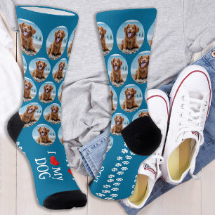 Cute Pet Dog Teal Paw Prints Personalized Photo Socks