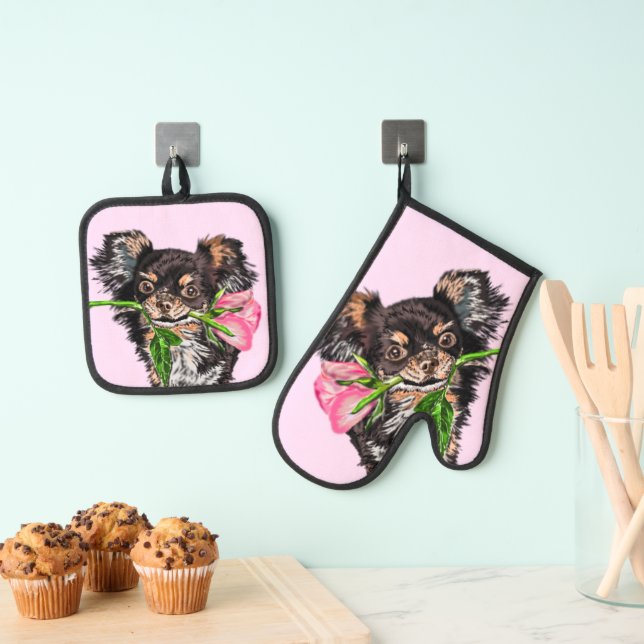 Cute Pet Dog with Rose Oven Mitt & Pot Holder Set (Insitu(Hanging))