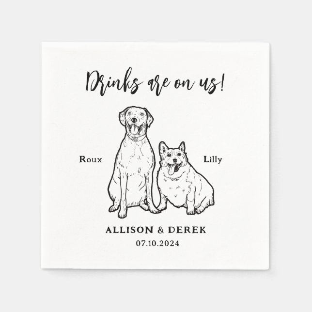 Cute Pet Drawing Personalized 2 Dogs Wedding Napkins (Front)