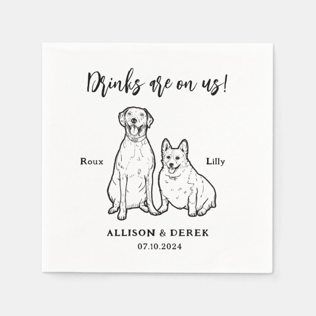 Cute Pet Drawing Personalized 2 Dogs Wedding Napkins (Front)