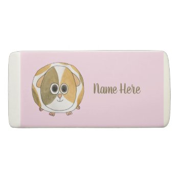 Cute Pet Guinea Pig On Light Pink  Custom Name Eraser by Animal_Art_By_Ali at Zazzle