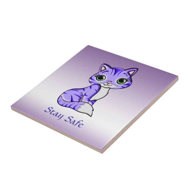 Cute Pet Kitty Cat Says Stay Safe Ceramic Tile