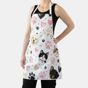 Cute Pet Lover Apron with Cats, Dogs, Paw Prints