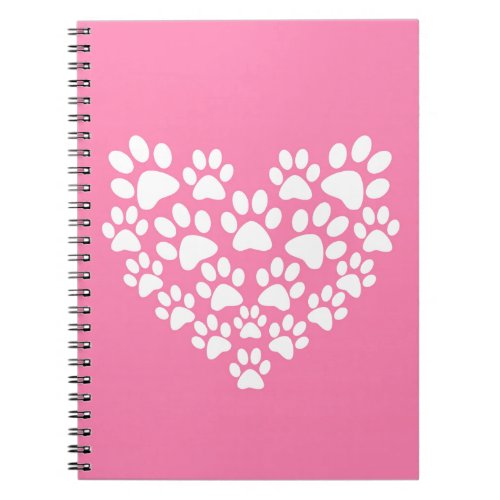 Cute Pet Lover White Pink Heart Paw Print Notebook