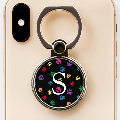 Cute Pet Lovers Colorful Paw Prints Monogram Phone Ring Stand