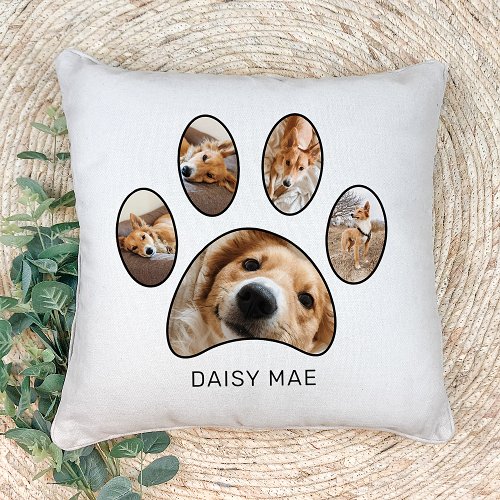 Cute Pet Lovers Paw Print Name Photo Collage Throw Pillow