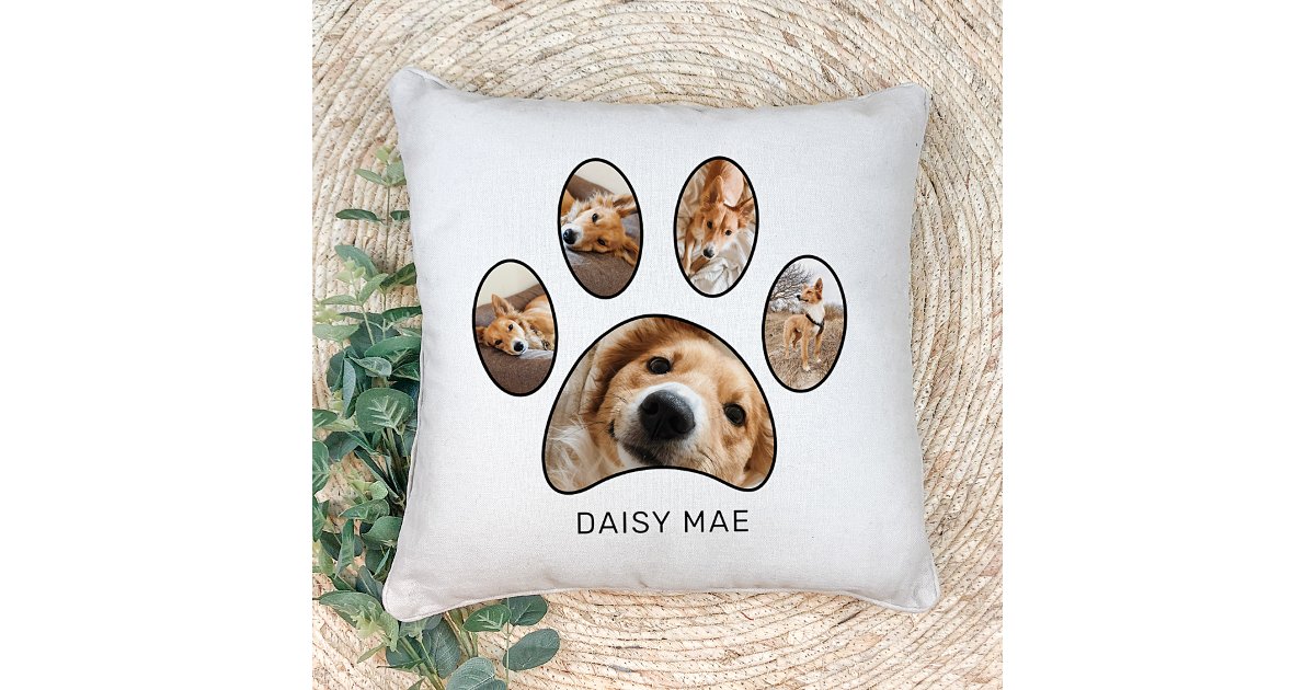 Cute Pet Lovers Paw Print Name Photo Collage Throw Pillow | Zazzle