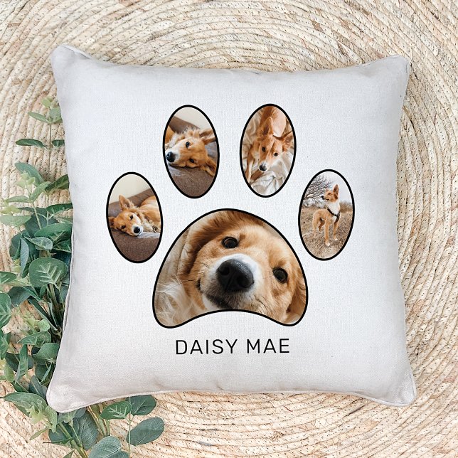 Cute Pet Lovers Paw Print Name Photo Collage Throw Pillow (Creator Uploaded)