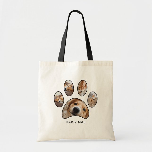 Cute Pet Lovers Paw Print Name Photo Collage Tote Bag (Front)