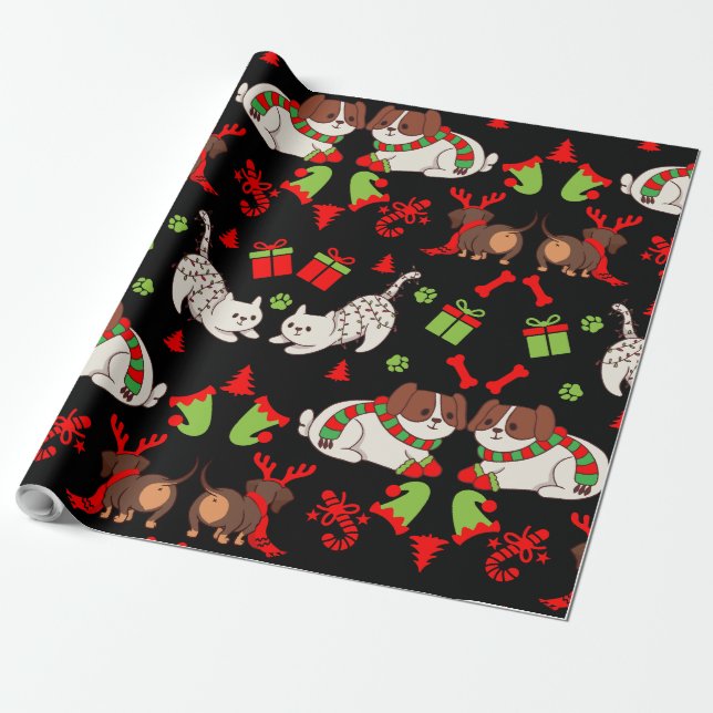 Cute Pet Patterned Christmas Gift  Wrapping Paper (Unrolled)