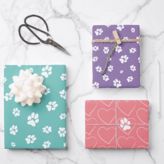 Cute pet paw prints hearts on teal, coral, purple