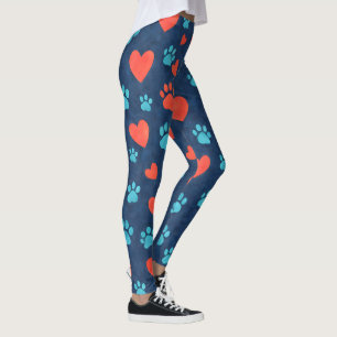 Cute Pet Paws & Hearts Pattern Leggings Watercolor