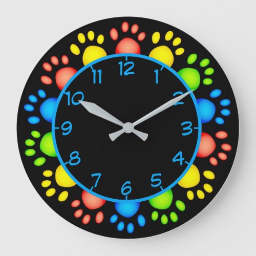 Cute Pet Paws Rainbow Colors Animal Lovers Large Clock