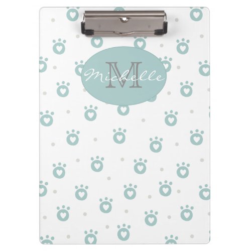 Cute Pet Paws with Hearts  Monogram Clipboard