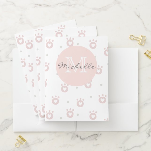 Cute Pet Paws with Hearts | Monogram Pocket Folder (In Situ)