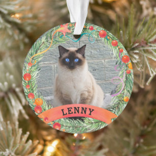 Cute Pet Photo Cat Berry Wreath Christmas Ornament