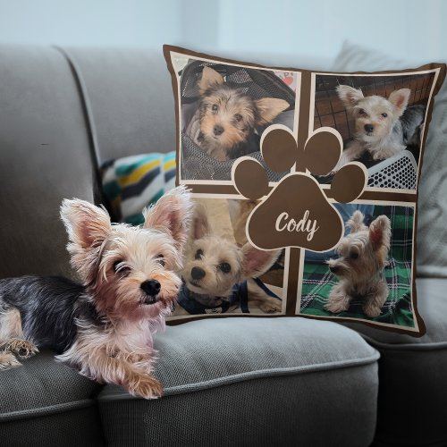 Cute Pet Photo Collage Dog Name Paw Throw Pillow