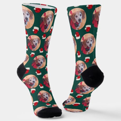 Cute Pet Photo Emerald Green Santa Hats Christmas  Socks