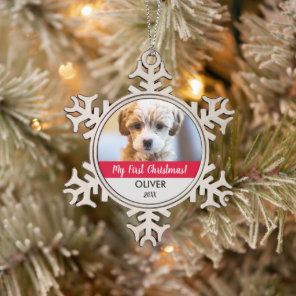 Cute Pet photo keepsake Puppy's first christmas Snowflake Pewter Christmas Ornament