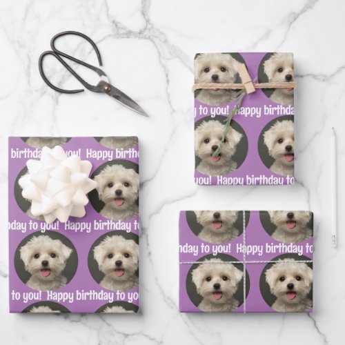 Cute Pet Photo Lavender Happy Birthday Wrapping Paper Sheets