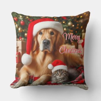 Cute Pet Photo Merry Christmas Throw Pillow