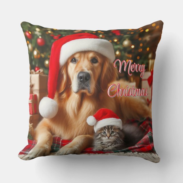 Cute Pet Photo Merry Christmas Throw Pillow (Front)