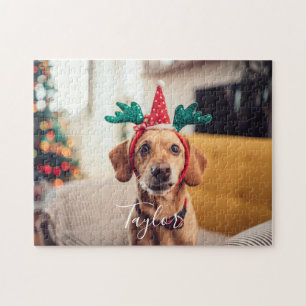 Cute Pet Photo Modern Christmas Holidays Jigsaw Puzzle