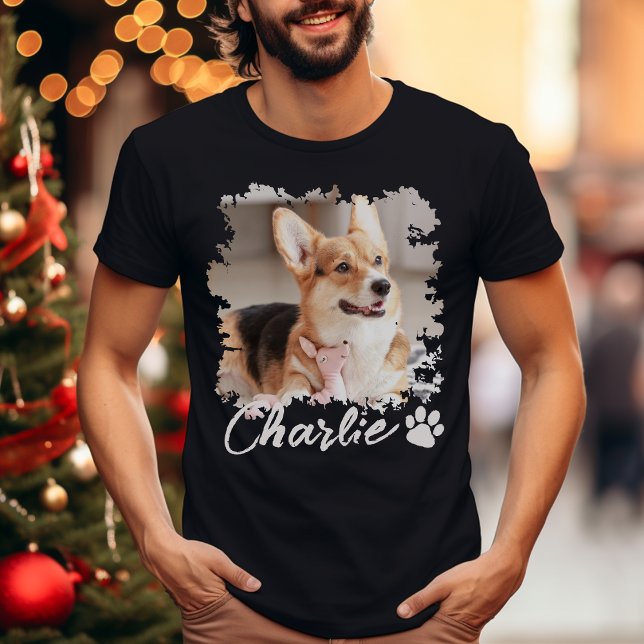 Cute Pet Photo Name & Paw Print Black T-Shirt (Creator Uploaded)
