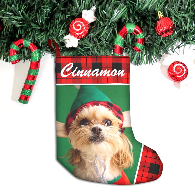 Cute Pet Photo Name Plaid Small Christmas Stocking (Creator Uploaded)