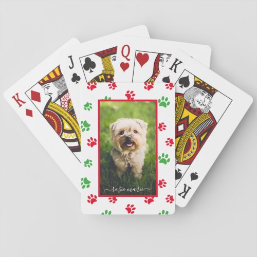 Cute Pet Photo Name Red Green Paw Prints Holiday Playing Cards