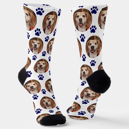 Cute Pet Photo Navy Paw Prints Dog Cat Socks