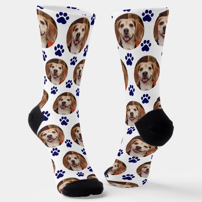 Cute Pet Photo Navy Paw Prints Dog Cat Socks (Angled)