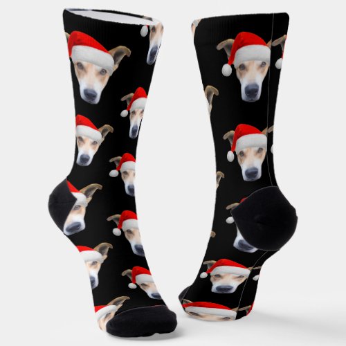 Cute Pet Photo Pattern Black Red Christmas Socks