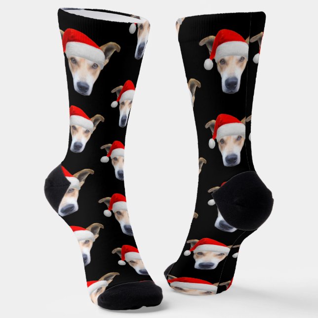 Cute Pet Photo Pattern Black Red Christmas Socks (Angled)