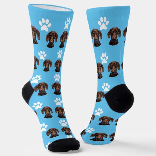 Cute Pet Photo Pattern Light Blue  White Paw Socks