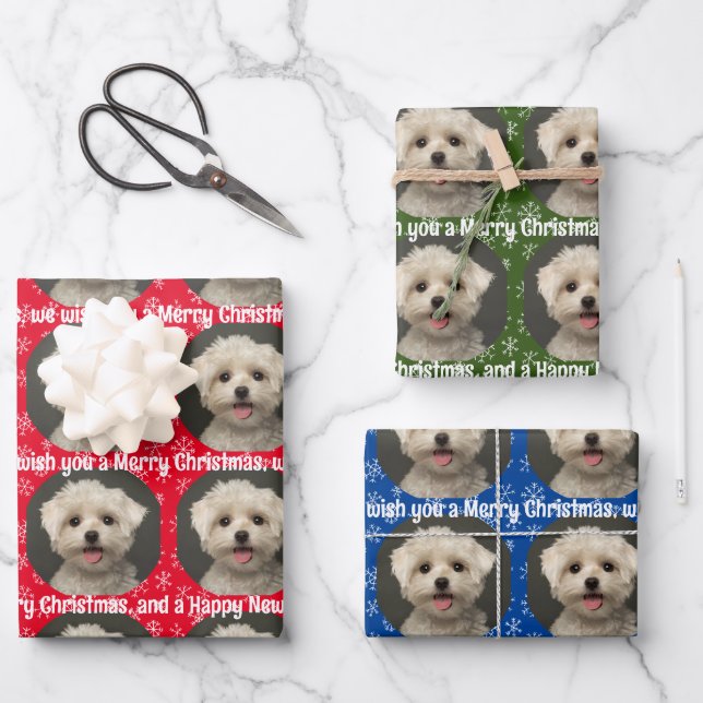 Cute Pet Photo Pattern Snowflakes Merry Christmas Wrapping Paper Sheets (Front)