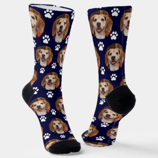  Cute Pet Photo Paw Print Custom Navy Socks