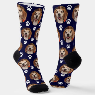 Cute Pet Photo Paw Print Custom Navy Socks