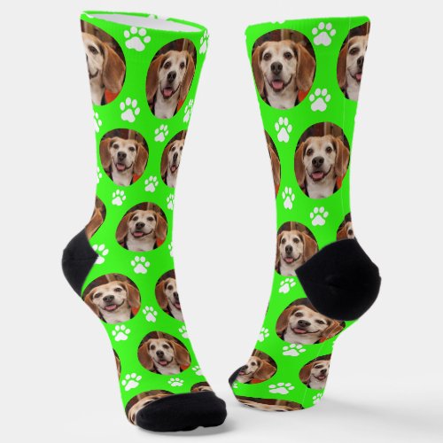Cute Pet Photo  Paw Prints Bright Green Dog Cat Socks