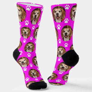 Cute Pet Photo & Paw Prints Bright Pink Dog Cat Socks